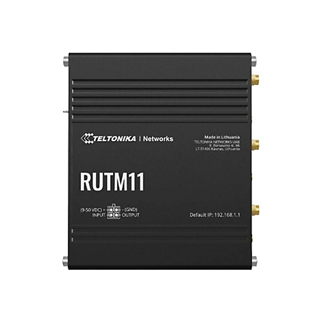 Schwarzes RUTM11-Gerät mit Logos und Text. Es gibt Antennen und Anschlüsse.