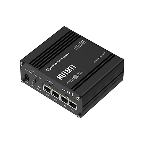 Schwarzer Teltonika RUTM11 Industrie-Router mit LAN- und WAN-Anschlüssen sowie SIM-Kartenslots.