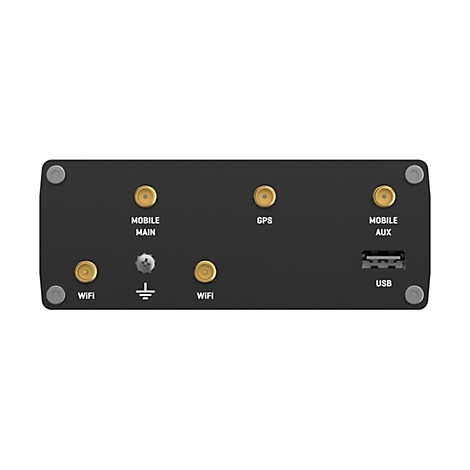 Rückseite eines schwarzen elektronischen Geräts mit Anschlüssen für WiFi, Mobilfunk, GPS, USB und Erdung.
