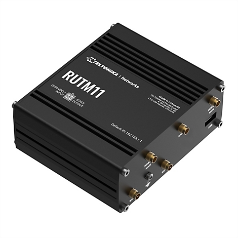 Schwarzes RUTM11-Gerät von Teltonika. Mit Anschlüssen wie WLAN, GPS und USB.