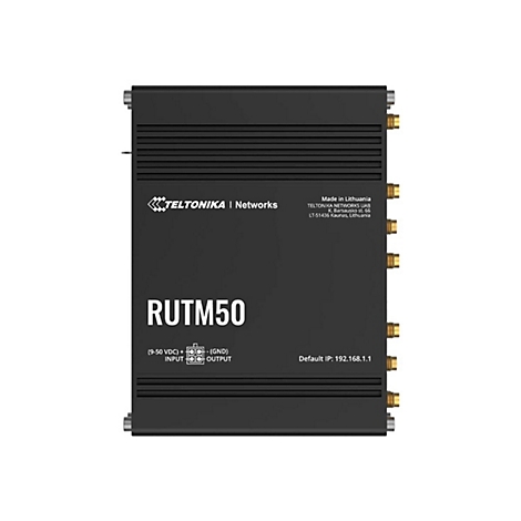 Schwarzer Netzwerkrouter RUTM50 mit Logos und technischen Spezifikationen. Aufschrift: TELTONIKA | Networks, RUTM50 und Made in Lithuania.