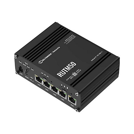 Schwarzer Router mit "Teltonika Networks" Logo, Anschlüssen und "RUTM50" Schriftzug.