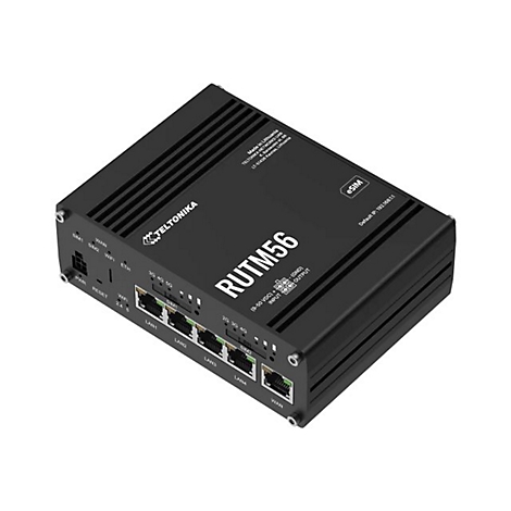 Schwarzer Router RUTM56 von Teltonika mit Anschlüssen und Aufschrift eSIM.