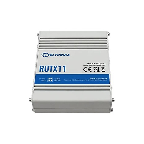 Hellgraues elektronisches Gerät mit blauem Streifen. Text: RUTX11, Teltonika. Aufschrift: Made in Lithuania, CE, EAC.