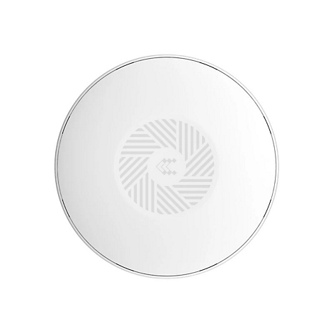 Objet rond et blanc avec un bord argenté. Un motif géométrique se trouve au centre.