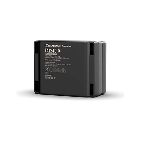 Ein schwarzes Telematik-Gerät, Produktname TAT240, mit technischen Details und Logos.