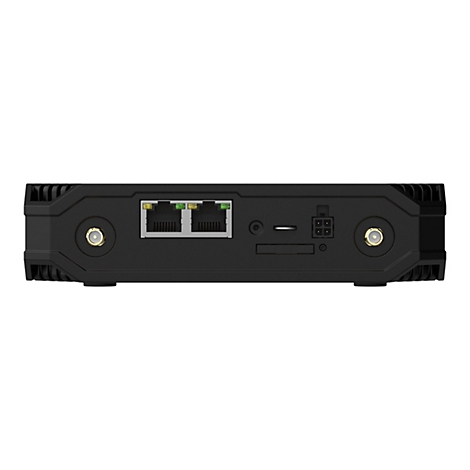 Schwarzes elektronisches GerÃ¤t mit AnschlÃ¼ssen: zwei Ethernet-Ports, ein SD-Karten-Slot, ein SIM-Karten-Slot und zwei AntennenanschlÃ¼sse.