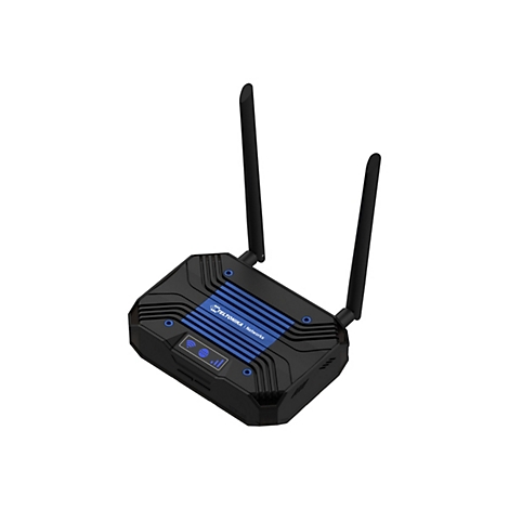Schwarzer Router mit blauen Akzenten, zwei Antennen und dem Motorola-Logo.