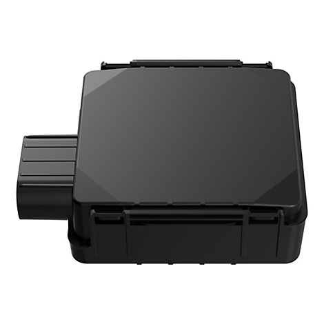 Schwarzes rechteckiges Gerät mit abgerundeten Ecken und verschiedenen Aussparungen. Es liegt vor weißem Hintergrund.