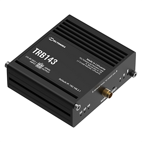 Schwarzer, rechteckiger Router mit Schriftzug TRB143 und Logos, Details wie Anschlüsse, Ports und SIM-Einschub.