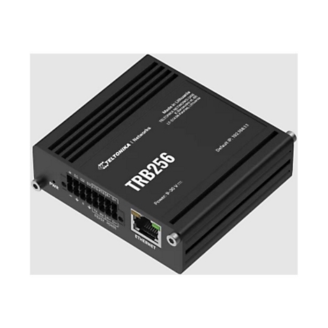 Schwarzes Netzwerkgerät TRB256 von Teltonika. Mit Ethernet-Anschluss und Aufschrift 'Power: 9-30V=' und 'Ethernet'.