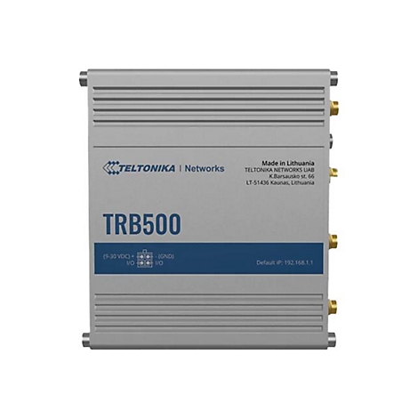 Routeur gris TRB500 de Teltonika Networks. Inscription: TRB500, Made in Lithuania, avec ports et logo.