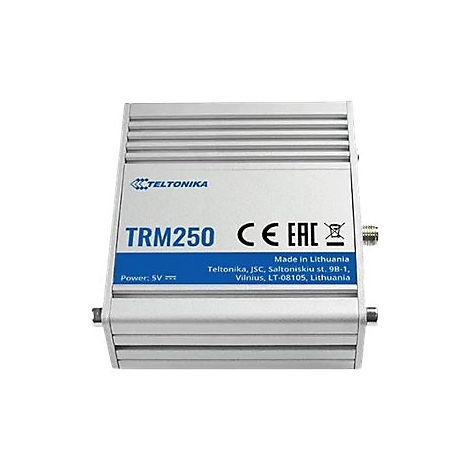 Silberfarbenes elektronisches GerÃ¤t mit Schriftzug TRM250, CE-Kennzeichen und Made in Lithuania.