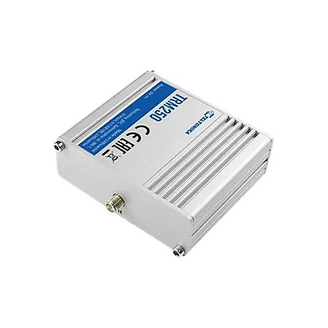 Ein quadratisches, silberfarbenes elektronisches GerÃ¤t mit blauer Beschriftung und einem Antennenanschluss.