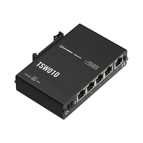 Schwarzer Teltonika TSW010 Industrie-Switch mit fünf Ethernet-Anschlüssen vor weißem Hintergrund.