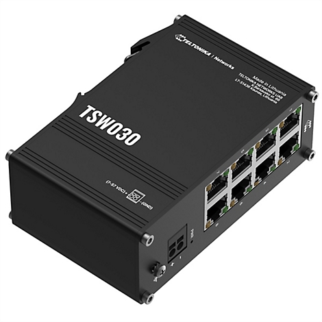 Schwarzer Netzwerk-Switch mit Ports und Beschriftung TSW030.