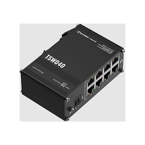 Ein schwarzer TSW040-Switch mit Anschlüssen, Beschriftungen und dem Logo von Teltonika Networks.