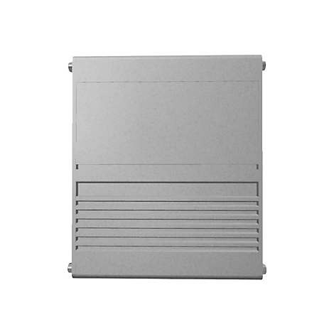 Grauer Heizkörper mit horizontalen Lamellen.