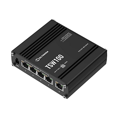 Schwarzer Netzwerk-Switch "TSW100" von Teltonika. Mit Ports und Beschriftungen.