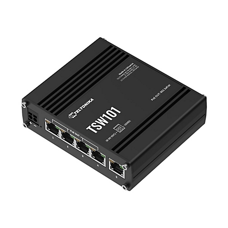 Schwarzer Teltonika TSW101 Netzwerk-Switch mit fünf Ports vor weißem Hintergrund.