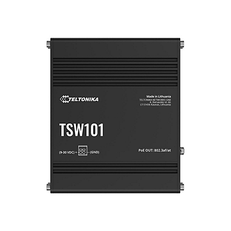 Schwarzes Teltonika TSW101 Gerät mit Beschriftung, Stromanschluss-Symbol und PoE-Spezifikationen.