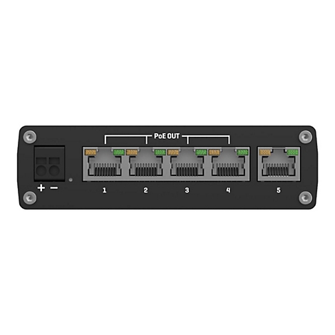 Frontansicht eines Netzwerkschalters mit fünf Ethernet-Ports und einem Stromanschluss.