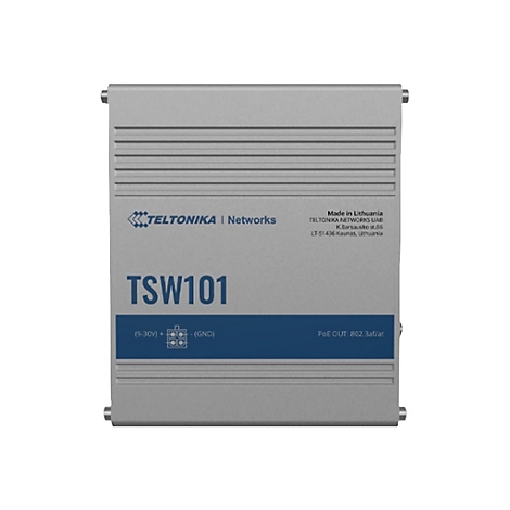 Grauer TSW101 Netzwerk-Switch. Aufschrift: Teltonika Networks, TSW101, Anschlüsse, PoE-Ausgang, Herstellungsort.