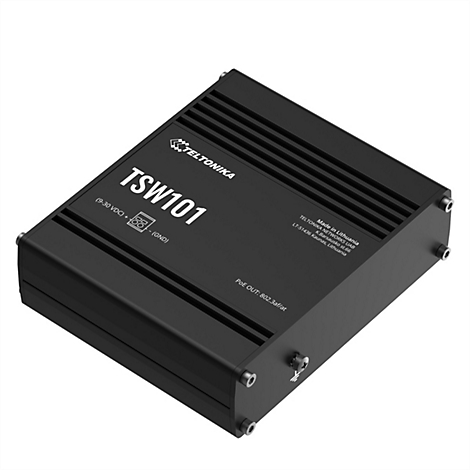 Schwarzes elektronisches Gerät TSW101 mit Schriftzug, Anschlüssen und Logo. Herstellerinfo und technische Daten sind ebenfalls enthalten.