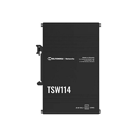 Schwarzes TSW114-Gerät von Teltonika. Mit seitlichen Halterungen und Anschlüssen.