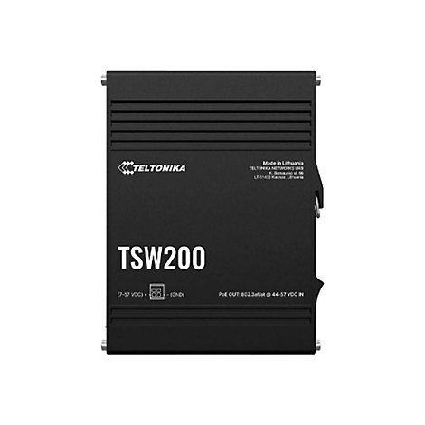 Schwarzes Gerät mit Aufschrift TSW200. Links oben das Teltonika-Logo. Aufschrift zu technischen Details.