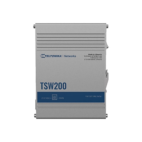 Graues, rechteckiges Teltonika TSW200 Industrieswitch-Gerät vor weißem Hintergrund.