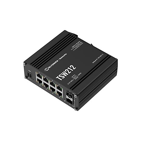 Schwarzer Netzwerk-Switch TSW212. Oben sind Lüftungsschlitze zu sehen, darunter Anschlüsse. Aufschrift TELTONIKA Networks.