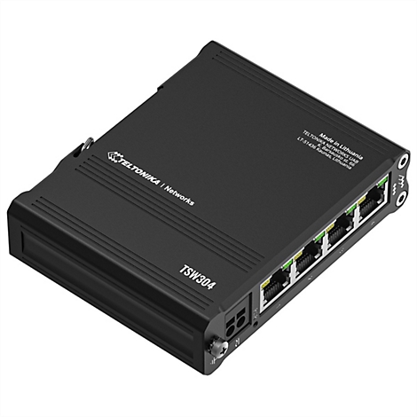Schwarzer Teltonika TSW304 Netzwerk-Switch in Metallgehäuse mit vier Ethernet-Anschlüssen vor weißem Hintergrund.