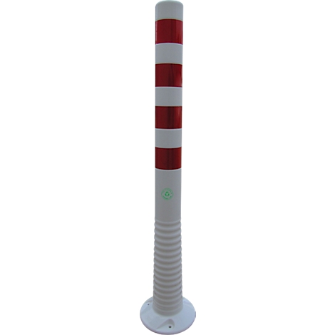White and red striped, cylindrical barrier standing on a round base.