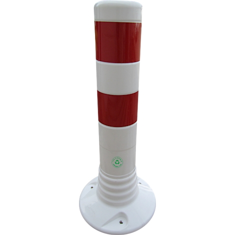Cylindrical white and red bollard with a round base. Three red stripes on a white base.