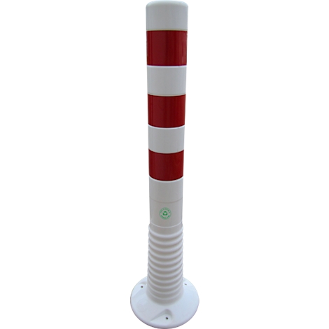 White and red striped bollard. Base with corrugated surface, green logo.