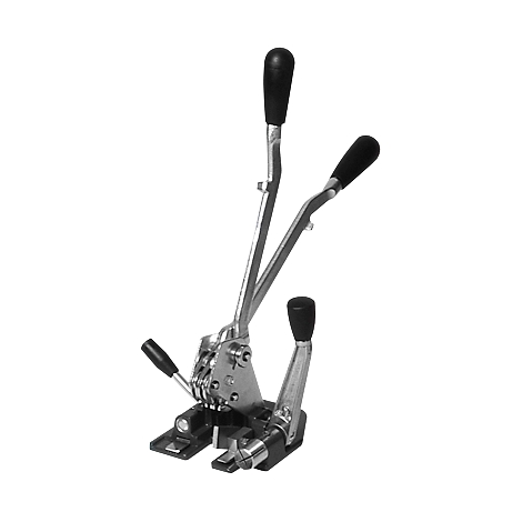 Metal strapping tool with multiple levers and black handles on a white background.