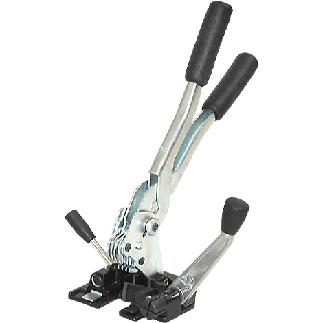 Metal strapping tool on white background, with black handles and levers.