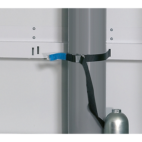 Grey tube secured with black strap. A blue brush is attached to the strap.