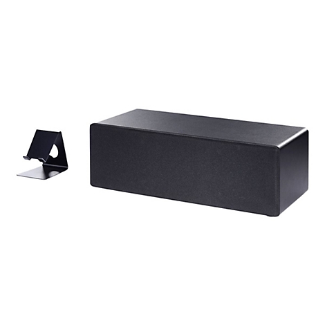 Schwarze Kabelbox und Handyhalter vor weiÃŸem Hintergrund.