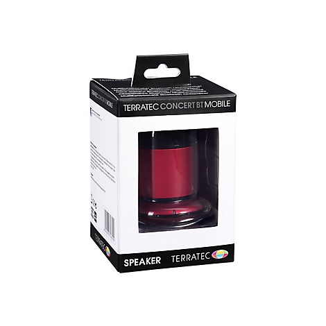 Ein roter Lautsprecher in einer Verpackung mit dem Aufdruck Terratec Concert BT Mobile.