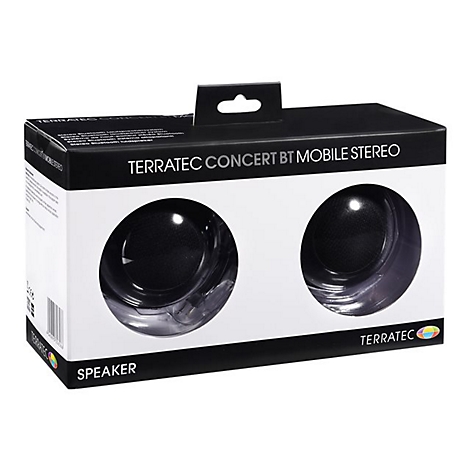 Schwarzer Lautsprecher in Verpackung, mit Label Terratec Concert BT Mobile Stereo.