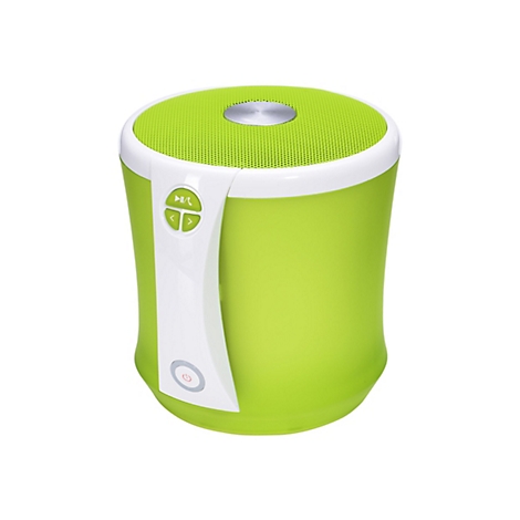 Grüner, zylinderförmiger Bluetooth-Lautsprecher, mit weißer Zierleiste, Bedienelementen und weißem Power-Button.