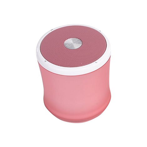 Runder, rosafarbener Lautsprecher mit weiÃŸem Rand und silbernem Knopf.