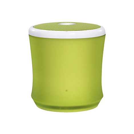 GrÃ¼ner zylindrischer Bluetooth-Lautsprecher mit weiÃŸem Rand und Lochmuster oben.