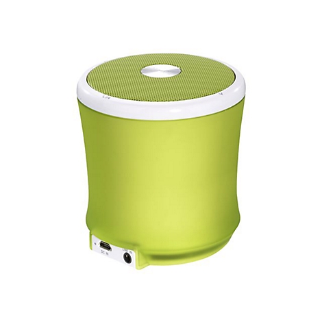 HellgrÃ¼ner, zylindrischer Bluetooth-Lautsprecher mit weiÃŸem Rand. Oben Gitter, seitlich abgerundete Form.