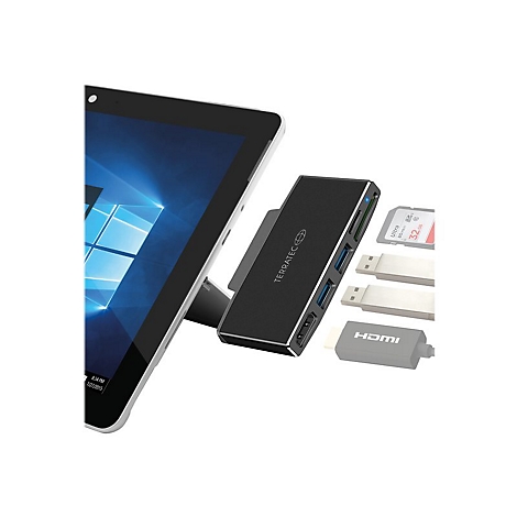 Schwarzer USB-C Hub, angeschlossen an Tablet. Gezeigt werden auch SD-Karte, USB-Adapter und HDMI-Adapter.