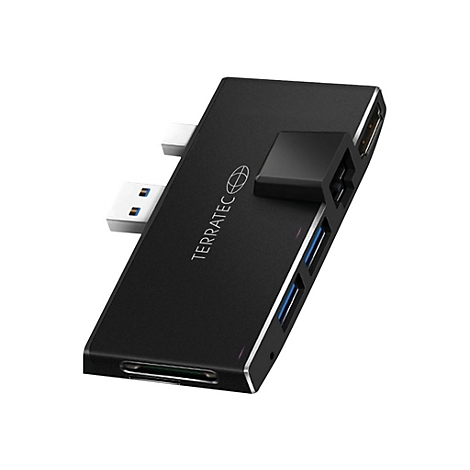 Schwarzer USB-C Hub mit AnschlÃ¼ssen fÃ¼r verschiedene GerÃ¤te. Aufschrift: TERRATEC.
