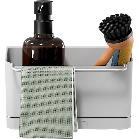 Organisateur de cuisine gris avec brosse à vaisselle, distributeur de savon, torchon.
