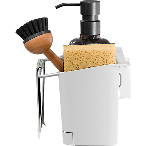 Organisateur d'évier avec distributeur de savon, éponge, brosse et chiffon.